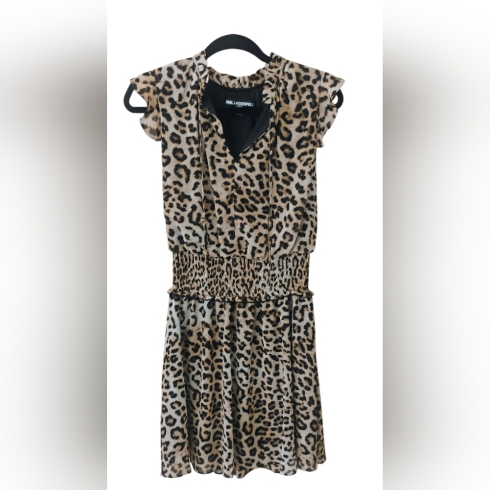 Karl Lagerfeld Paris Leopard Print Bambi Sheer Flutter Sleeve Dress Sz 4 - Picture 2 of 7